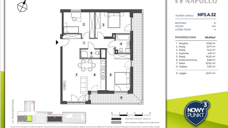 Rzut - Mieszkanie na sprzedaż 4 pokoje o powierzchni 93,67 m² - numer NP3.A.32 w Nowy Punkt 3
