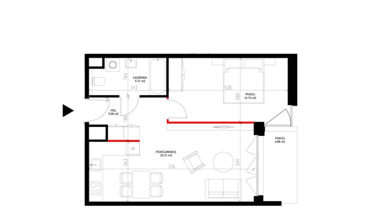 Rzut - Mieszkanie na sprzedaż 2 pokoje o powierzchni 48,26 m² - numer E.5.5 w INSPIRE ETAP IV – bud. E