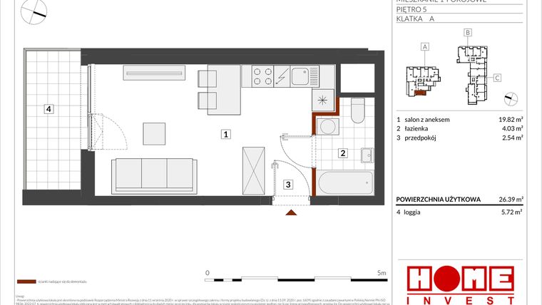 Rzut - Mieszkanie na sprzedaż 1 pokój o powierzchni 26,39 m² - numer B2-A043 w Warszawski Świt etap IX
