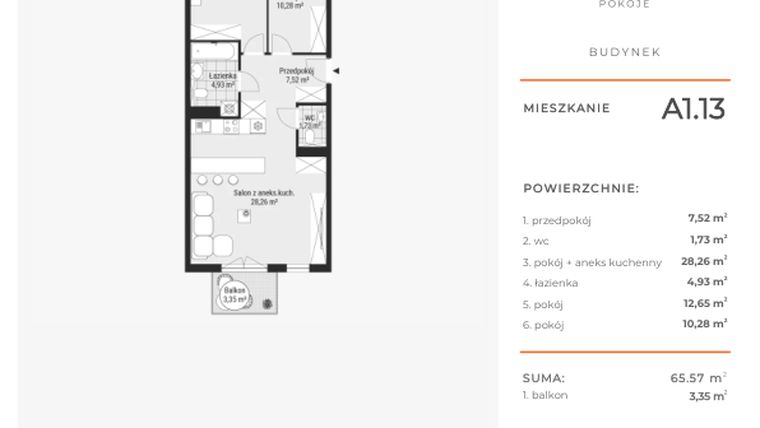 Rzut - Mieszkanie na sprzedaż 3 pokoje o powierzchni 65,49 m² - numer A1.13 w Enklawa Bukowa
