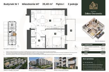 Rzut - Mieszkanie na sprzedaż 2 pokoje o powierzchni 39,4 m² - numer B1.M7 w Osiedle Zielona Chorzowska