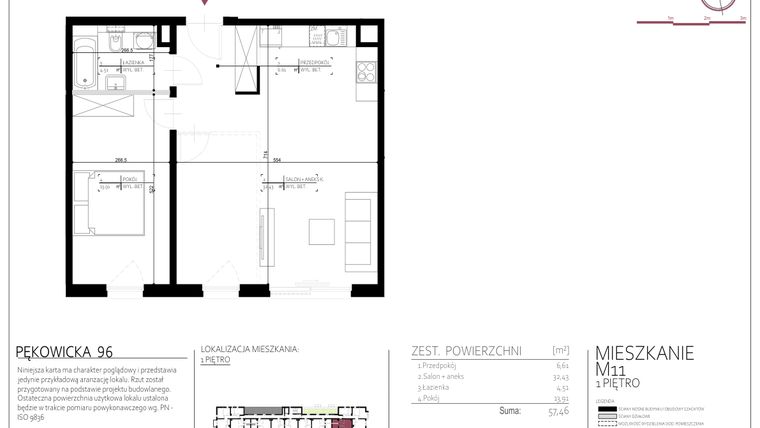 Rzut - Mieszkanie na sprzedaż 2 pokoje o powierzchni 57,46 m² - numer 11 w Pękowicka 96