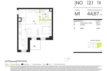 Rzut - Mieszkanie na sprzedaż 1 pokój o powierzchni 44,67 m² - numer NO.2.1 w Ogrody Staromiejskie