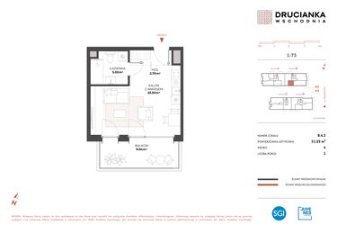 Rzut - Mieszkanie na sprzedaż 1 pokój o powierzchni 31,22 m² - numer B.4.3 w Drucianka Wschodnia