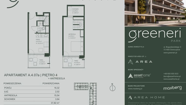 Rzut - Mieszkanie na sprzedaż 2 pokoje o powierzchni 37,82 m² - numer A.4.07a w Greeneri Park