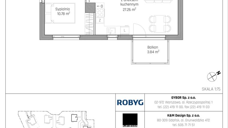 Rzut - Mieszkanie na sprzedaż 2 pokoje o powierzchni 46,88 m² - numer B5.1M02 w ROSA Residence etap II