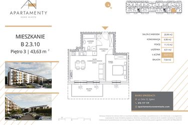Rzut - Mieszkanie na sprzedaż 2 pokoje o powierzchni 43,63 m² - numer B2.3.10 w Apartamenty Nowe Miasto