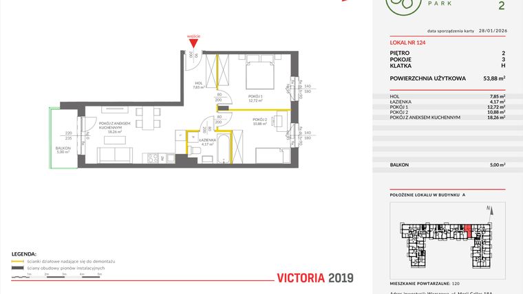 Rzut - Mieszkanie na sprzedaż 3 pokoje o powierzchni 53,8 m² - numer A.124 w Olchowy Park II