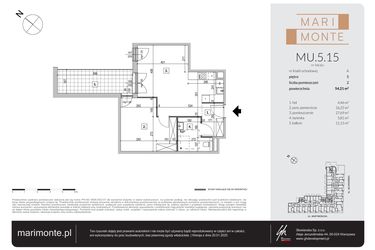 Rzut - Mieszkanie na sprzedaż 2 pokoje o powierzchni 54,07 m² - numer MU.5.15 w Marimonte - apartamenty inwestycyjne