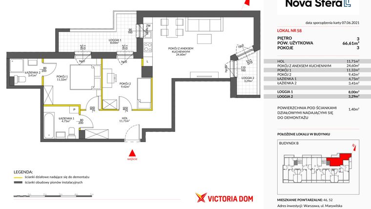 Rzut - Mieszkanie na sprzedaż 3 pokoje o powierzchni 66,57 m² - numer 58 w Miasteczko Nova Sfera