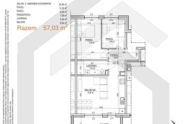 Rzut - Mieszkanie na sprzedaż 3 pokoje o powierzchni 57,03 m² - numer S.03.21 w Sobieskiego 29
