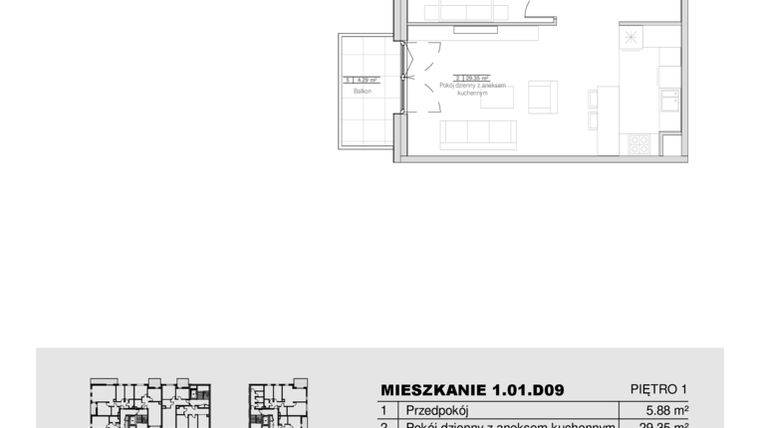 Rzut - Mieszkanie na sprzedaż 2 pokoje o powierzchni 53,05 m² - numer 1.01.D09 w Ogrody Andersa III
