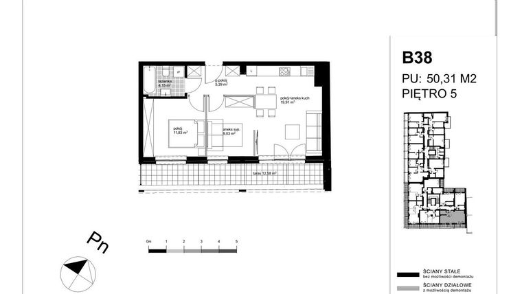 Rzut - Mieszkanie na sprzedaż 2 pokoje o powierzchni 50,52 m² - numer B38 w Apartamenty Kopernika - etap II