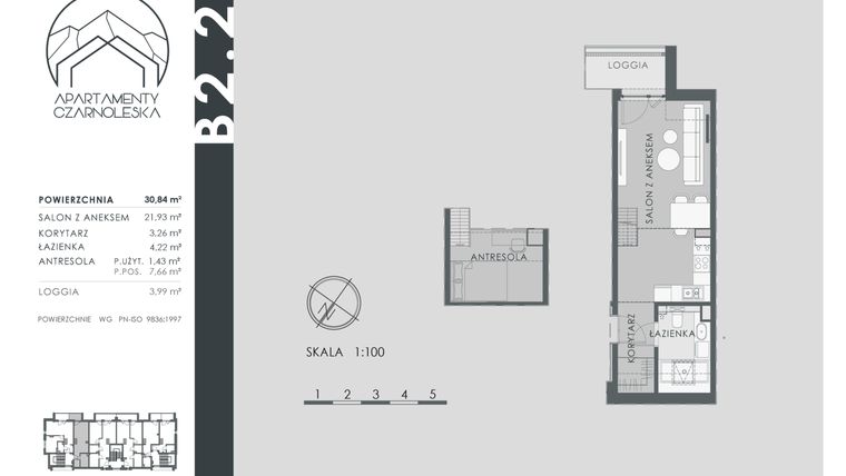 Rzut - Mieszkanie na sprzedaż 1 pokój o powierzchni 30,84 m² - numer B2.2 w Apartamenty Czarnoleska