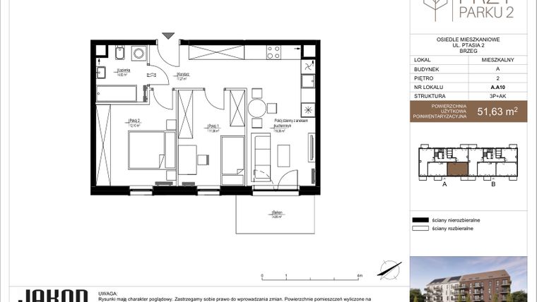Rzut - Mieszkanie na sprzedaż 3 pokoje o powierzchni 51,63 m² - numer A.A10 w Przy Parku 2