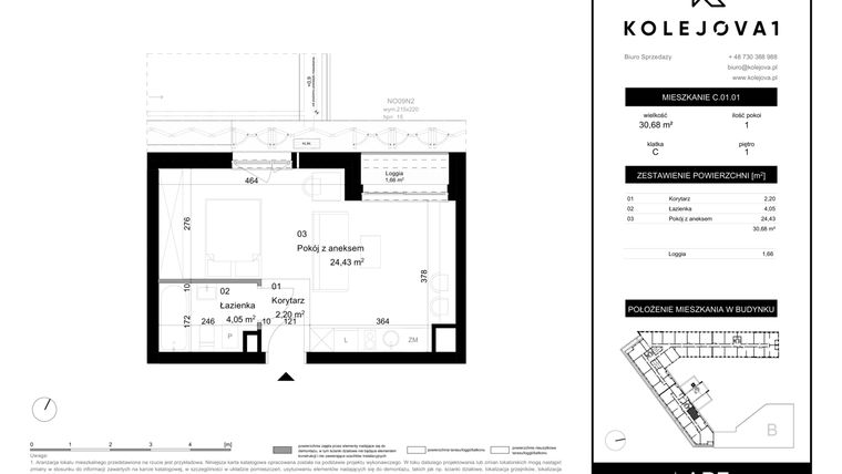 Rzut - Mieszkanie na sprzedaż 1 pokój o powierzchni 30,68 m² - numer C-01-01 w Kolejova 1