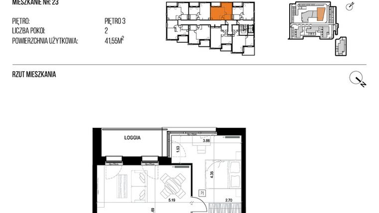 Rzut - Mieszkanie na sprzedaż 2 pokoje o powierzchni 41,55 m² - numer 22K/23 w NATURAMA II