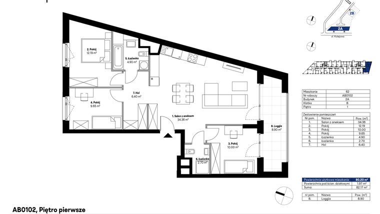 Rzut - Mieszkanie na sprzedaż 4 pokoje o powierzchni 80,57 m² - numer AB0102 w NU2 Warszawa Wola