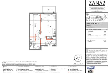 Rzut - Mieszkanie na sprzedaż 2 pokoje o powierzchni 37,16 m² - numer 7 w Zana 2