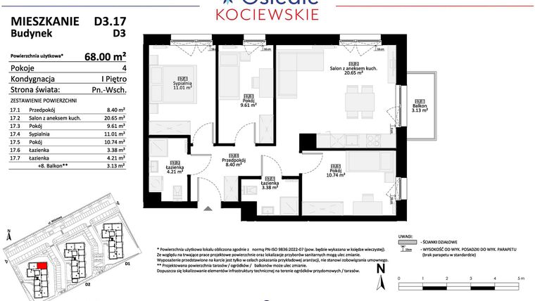 Rzut - Mieszkanie na sprzedaż 4 pokoje o powierzchni 68 m² - numer D3.17 w Osiedle Kociewskie etap IV