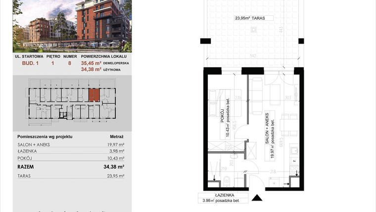 Rzut - Mieszkanie na sprzedaż 2 pokoje o powierzchni 34,38 m² - numer 8 w M|City