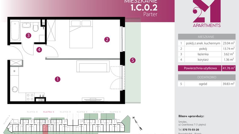 Rzut - Mieszkanie na sprzedaż 2 pokoje o powierzchni 41,76 m² - numer 1.C.0.2 w Maślice Wrocław Milo Dobry Deweloper etap IV