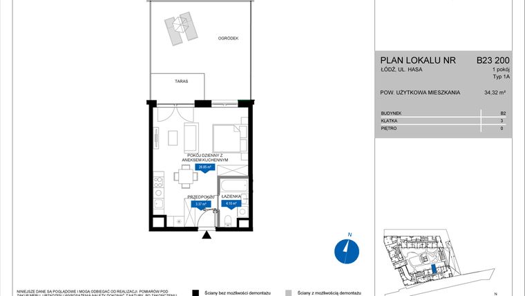 Rzut - Mieszkanie na sprzedaż 1 pokój o powierzchni 34,32 m² - numer B23 200 w Flow - bud. B2 A i bud. B2 B