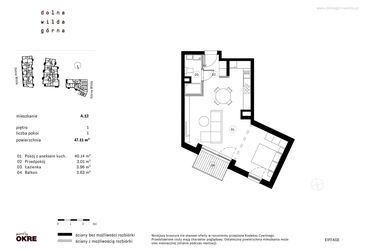 Rzut - Mieszkanie na sprzedaż 1 pokój o powierzchni 47,11 m² - numer A.12 w Dolna Górna Wilda