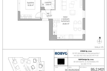 Rzut - Mieszkanie na sprzedaż 2 pokoje o powierzchni 43,9 m² - numer B6.2M01 w ROSA Residence etap II