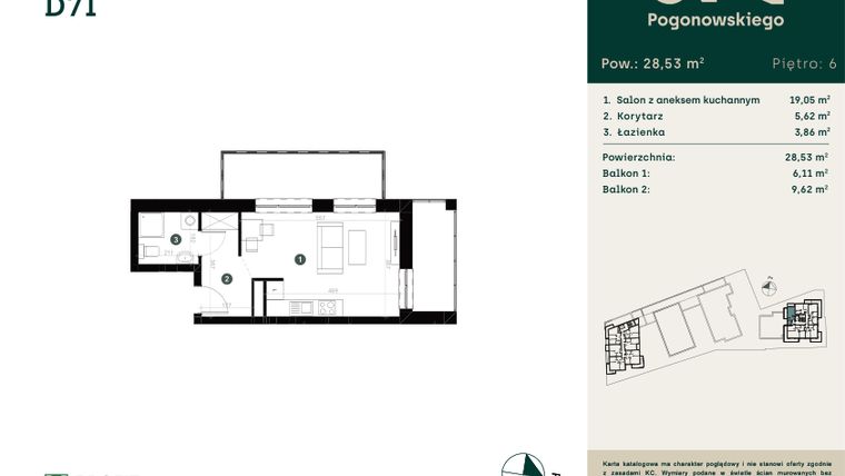 Rzut - Mieszkanie na sprzedaż 1 pokój o powierzchni 28,9 m² - numer D-7I w Pogonowskiego 73