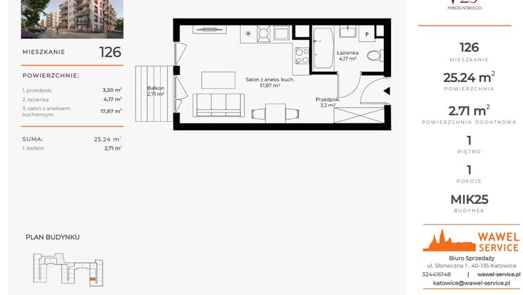 Rzut - Mieszkanie na sprzedaż 1 pokój o powierzchni 25,24 m² - numer 126 w Mikusińskiego 25
