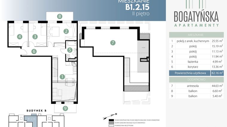 Rzut - Mieszkanie na sprzedaż 5 pokoi o powierzchni 134,51 m² - numer B1.2.15 w Bogatyńska Maślice Milo Dobry Deweloper