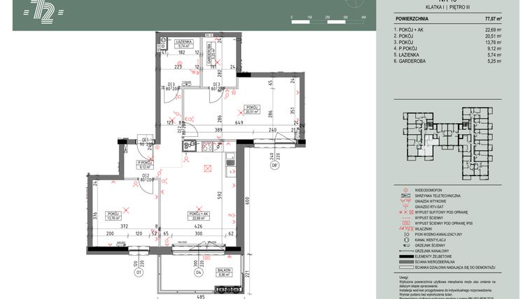 Rzut - Mieszkanie na sprzedaż 3 pokoje o powierzchni 76,78 m² - numer 15 w Wspólnota Mieszkaniowa Gajowa 72