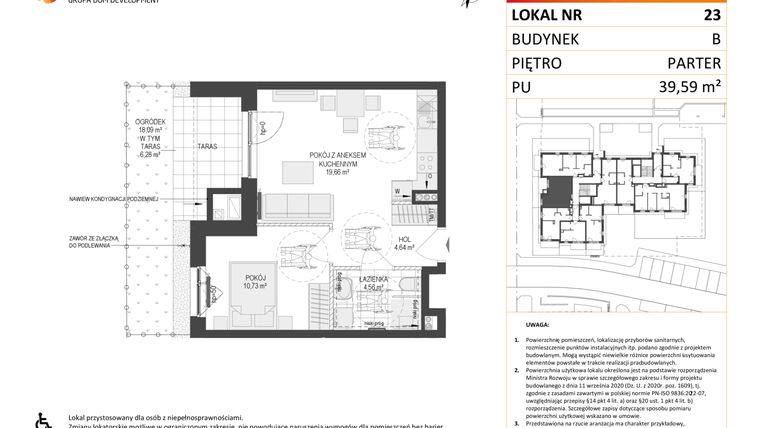 Rzut - Mieszkanie na sprzedaż 2 pokoje o powierzchni 39,59 m² - numer B.23 w Osiedle Warszawska etap III