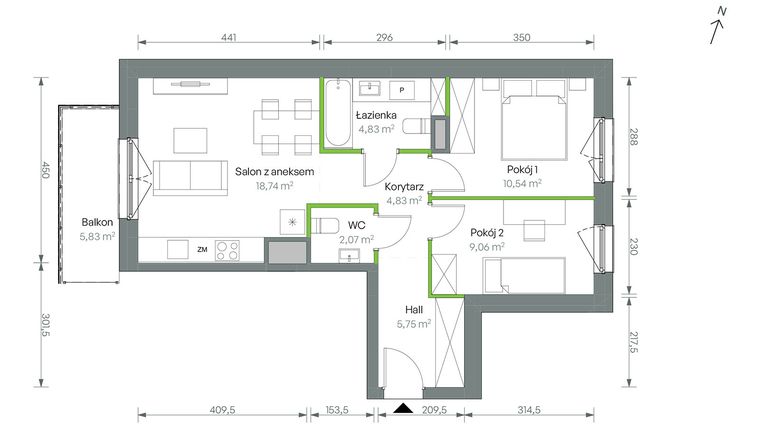 Rzut - Mieszkanie na sprzedaż 3 pokoje o powierzchni 55,82 m² - numer 3/B/4/87 w Oliwska Vita