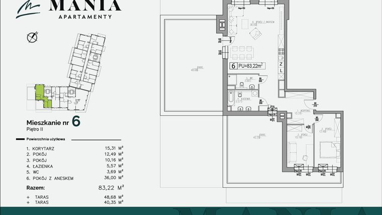 Rzut - Mieszkanie na sprzedaż 3 pokoje o powierzchni 83,22 m² - numer 6 w MANIA Apartamenty