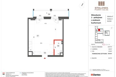 Rzut - Mieszkanie na sprzedaż 1 pokój o powierzchni 38,66 m² - numer 34 w Stalowa Form 43.45