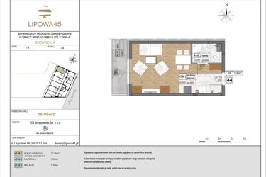 Rzut - Mieszkanie na sprzedaż 1 pokój o powierzchni 26,99 m² - numer A44 w Lipowa 45