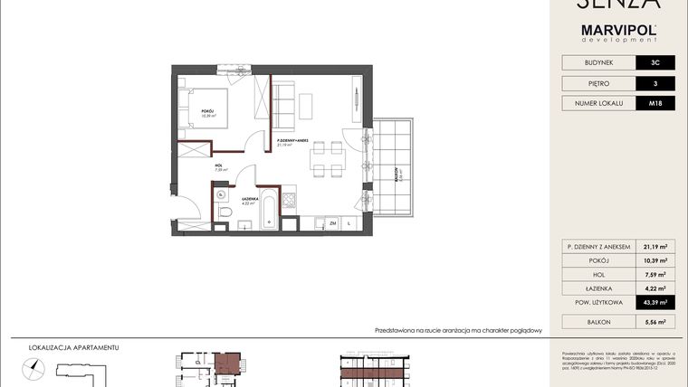 Rzut - Mieszkanie na sprzedaż 2 pokoje o powierzchni 43,39 m² - numer C.M18 w Osiedle Senza