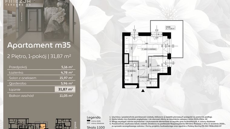 Rzut - Mieszkanie na sprzedaż 1 pokój o powierzchni 31,87 m² - numer M35 w Finezja Targowa 49