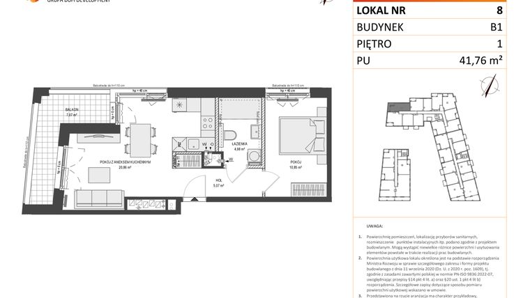 Rzut - Mieszkanie na sprzedaż 2 pokoje o powierzchni 41,76 m² - numer B1.8 w Zajezdnia Motława