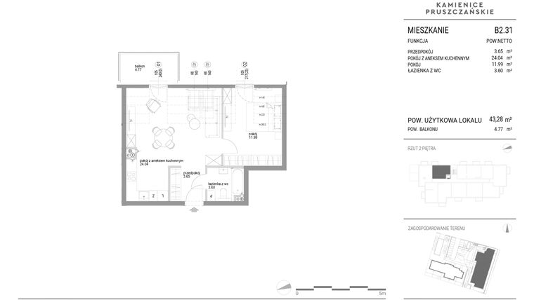 Rzut - Mieszkanie na sprzedaż 2 pokoje o powierzchni 43,28 m² - numer B2.31 w Kamienice Pruszczańskie