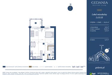 Rzut - Mieszkanie na sprzedaż 1 pokój o powierzchni 39,27 m² - numer I.A.3.12 w GEDANIA Riverside Living