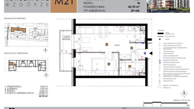 Rzut - Mieszkanie na sprzedaż 2 pokoje o powierzchni 43,7 m² - numer B1.21 w Koncertowe Wzgórze