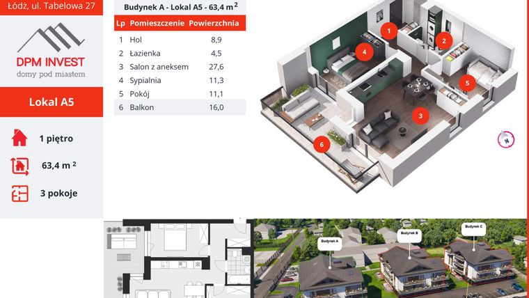 Rzut - Mieszkanie na sprzedaż 3 pokoje o powierzchni 63,4 m² - numer A5 w Apartamenty Tabelowa