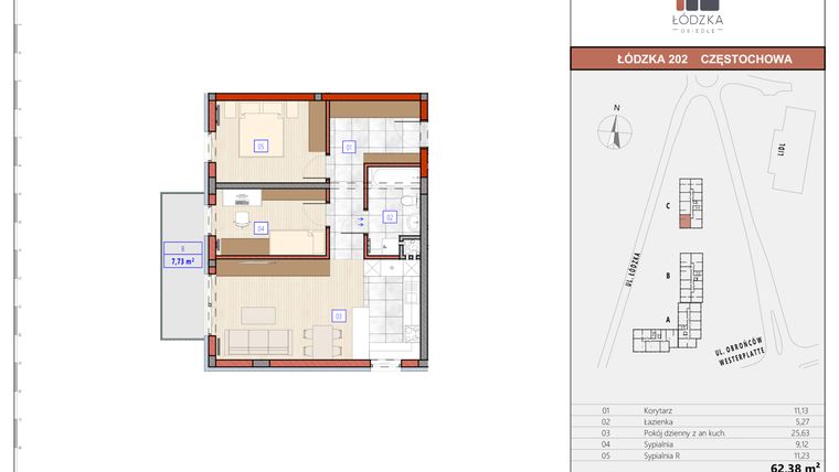 Rzut - Mieszkanie na sprzedaż 3 pokoje o powierzchni 62,28 m² - numer C.M.12 w Łódzka Osiedle