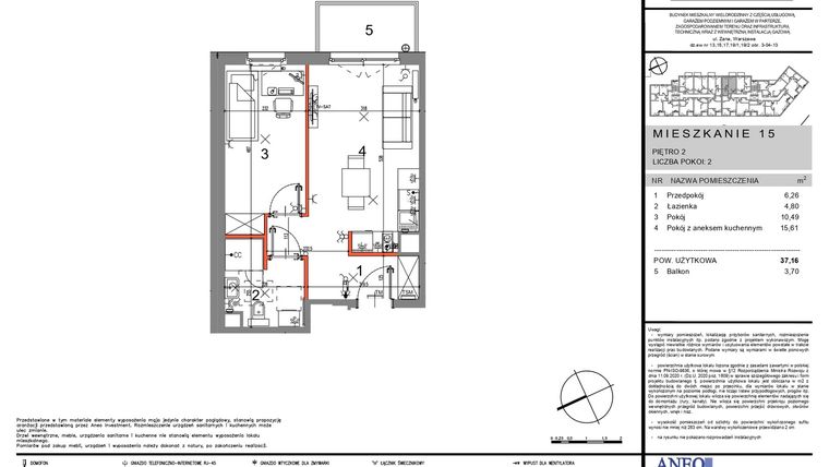 Rzut - Mieszkanie na sprzedaż 2 pokoje o powierzchni 37,16 m² - numer 15 w Zana 2