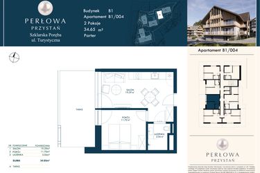 Rzut - Mieszkanie na sprzedaż 2 pokoje o powierzchni 34,65 m² - numer B1/004 w Perłowa Przystań - Szklarska Poręba