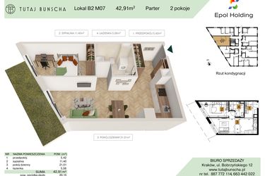 Rzut - Mieszkanie na sprzedaż 2 pokoje o powierzchni 42,91 m² - numer B2.M7 w Tutaj Bunscha