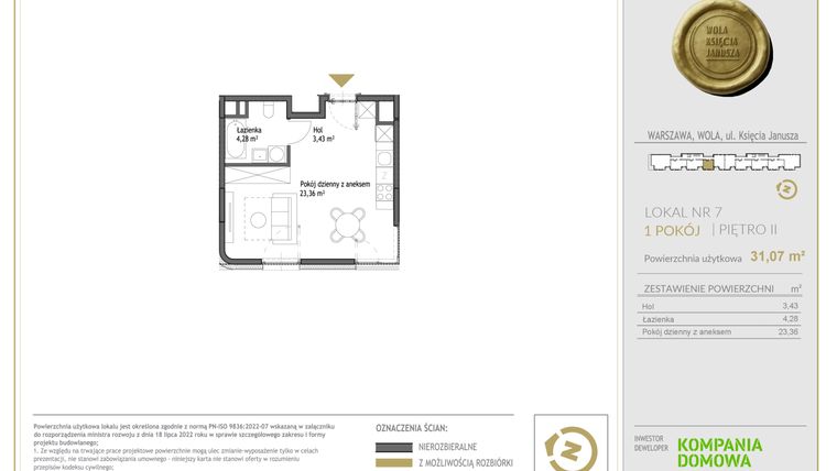 Rzut - Mieszkanie na sprzedaż 1 pokój o powierzchni 31,07 m² - numer WKJ-LM-07 w Wola Księcia Janusza